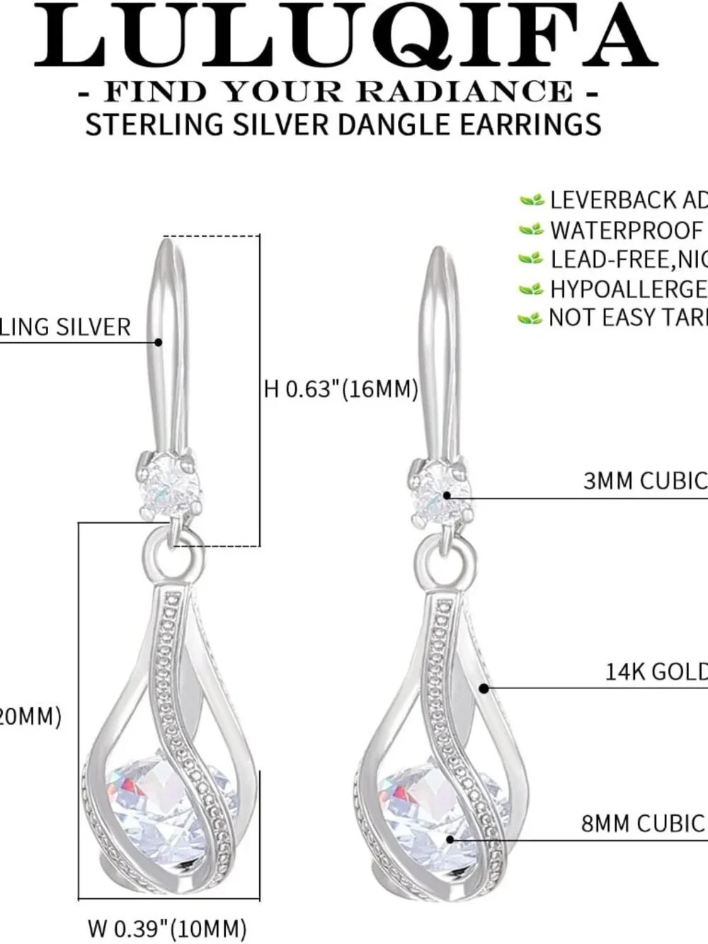 925 Sterling Silver Dangle Earrings for Women Cubic Zirconia Dangling Hoop Daint - Picture 4 of 6